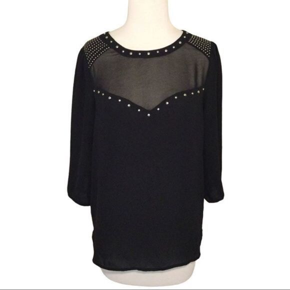 Forever 21 Black Pullover‎ Top Sheer Bodice with Studs 3/4 Sleeves Size S - Picture 3 of 11